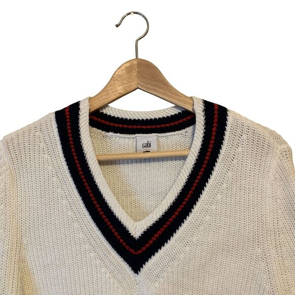 Cabi Womens Ace Pullover 5639 White Red Navy Knit V-Neck Sz M Yacht Tennis Money - Picture 3 of 11